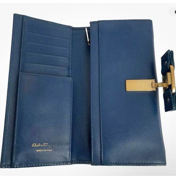 AUTHENTIC SALVATORE FERRAGAMO NAVY BLUE Long Wallet W/Gold Hardware. - Picture 6 of 16